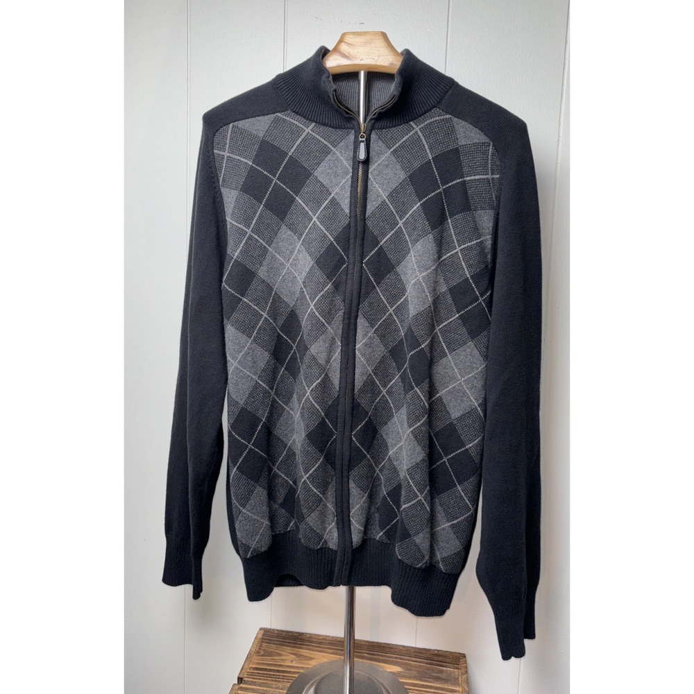 Van Heusen Men's Large Plaid Zipper Front Long Sleeve Sweater Black Gray Preppy